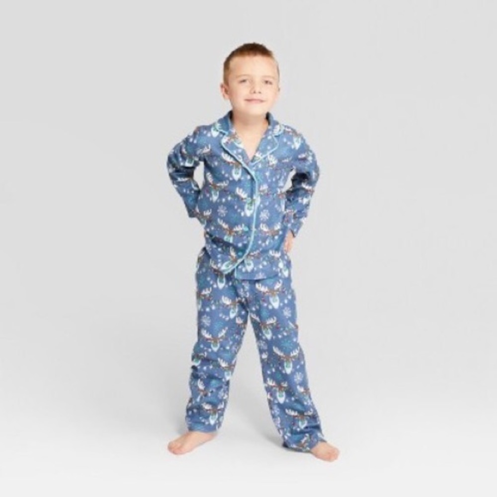 Kids' Holiday Moose Notch Collar Pajama Set - Blue